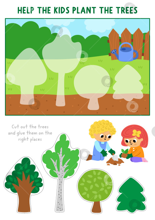 Скачать Работа по вырезанию и склеиванию векторного сада. Игра в крафтинг с милым весенним пейзажем, дети-садоводы сажают деревья. Рабочий лист для печати в загородном доме. Найдите нужный фрагмент головоломки. Полная картинка фотосток Ozero