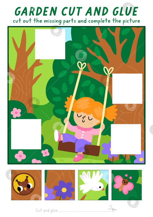 Скачать Векторная работа по вырезанию и склеиванию садового пейзажа. Весенняя игра с девочкой, качающейся на качелях среди цветов и деревьев. Украсьте сцену квадратной наклейкой. Найдите нужный фрагмент пазла. Полная картинка фотосток Ozero