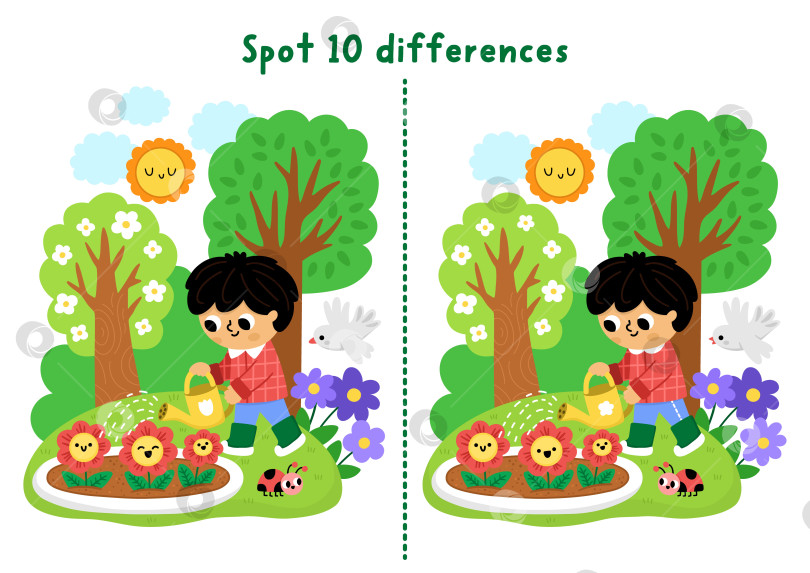Скачать Игра для детей "Найди отличия в саду". Весеннее развивающее занятие с мальчиком-садовником, который поливает цветы. Головоломка для детей. Рабочий лист для печати, страница для развития логики и внимания со сценой природы фотосток Ozero