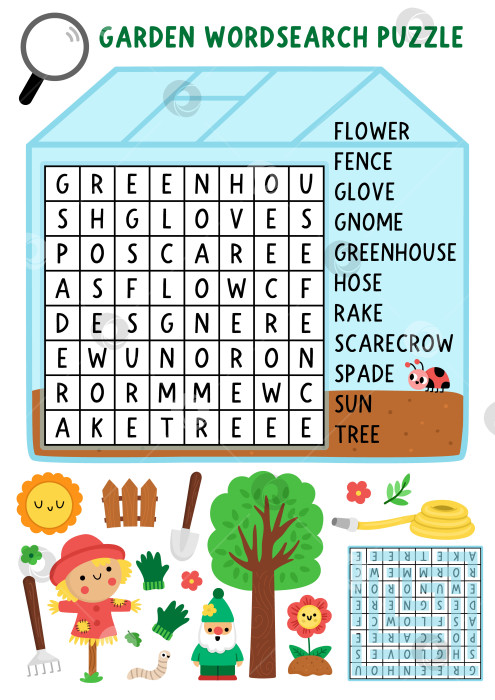 Скачать Векторная головоломка для поиска слов в саду для детей. Викторина по поиску слов в форме теплицы с пугалом, деревом, цветком, шлангом, гномом, граблями, лопатой для детей. Весеннее образовательное занятие по кроссворду фотосток Ozero