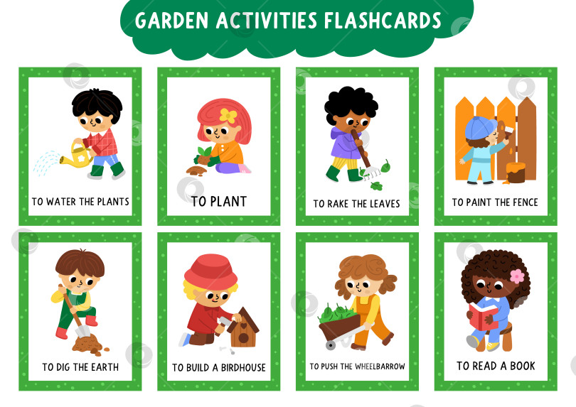Скачать Набор векторных садовых карточек с изображениями садоводческих работ, дети работают граблями, тачкой, скворечником, лейкой. Игра на английском языке для детей. Весенние карточки. Учебный лист для печати фотосток Ozero