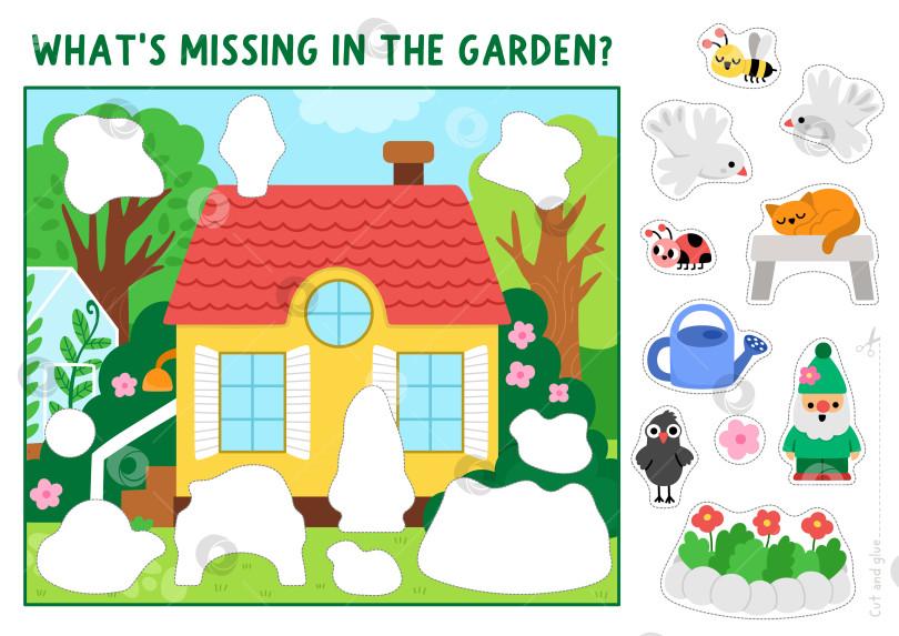 Скачать Задание по вырезанию и склеиванию векторного сада. Игра-крафтинг с милым весенним пейзажем, летним коттеджем, деревьями, цветочными клумбами. Лист для печати с изображением загородного дома. Найдите нужный фрагмент головоломки. Полная картинка фотосток Ozero