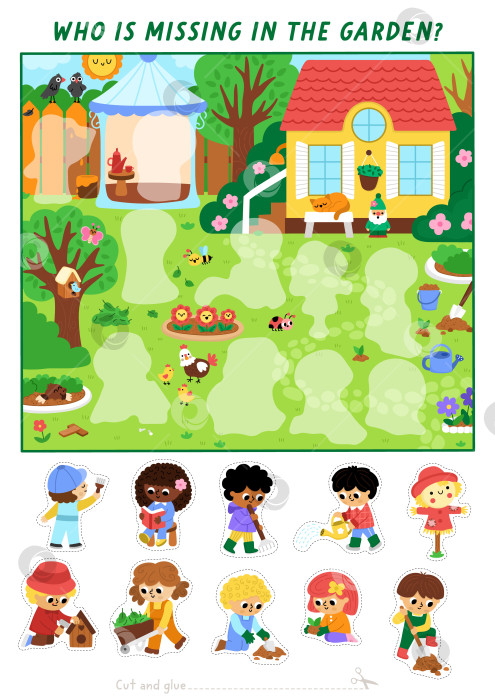 Скачать Работа по вырезанию и склеиванию векторного сада. Игра-крафтинг с милым весенним пейзажем, цветочными клумбами, пропавшими детьми-садовниками. Рабочий лист для печати в загородном доме. Найдите нужный фрагмент головоломки. Полная картина фотосток Ozero