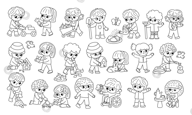 Скачать Набор векторных черно-белых клипартов для детей-садоводов. Симпатичные мальчики и девочки, работающие в саду. Коллекция забавных детей с фермы. Иллюстрации, на которых дети поливают и выращивают растения, ухаживают за садом фотосток Ozero