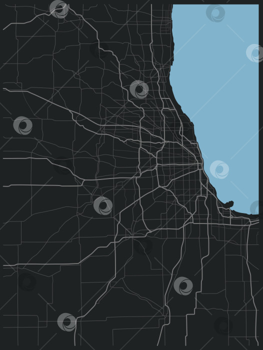 Скачать Карта города Чикаго, США, улицы города на генеральном плане. Карта-схема автомобильных дорог. Городской фон. Карта-схема автомобильных дорог. Фотография в рамке для печати. Вектор фотосток Ozero