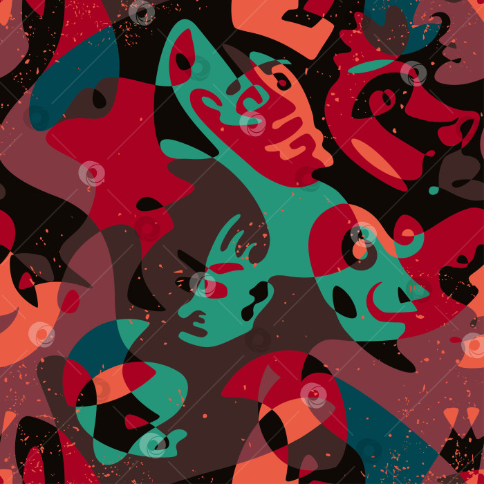 Скачать Абстрактный бесшовный узор в стиле сюрреализма. На обоях нарисованы необычные лица, геометрические и изогнутые фигуры. Графика для печати. Векторный фон с непрерывной линией фотосток Ozero