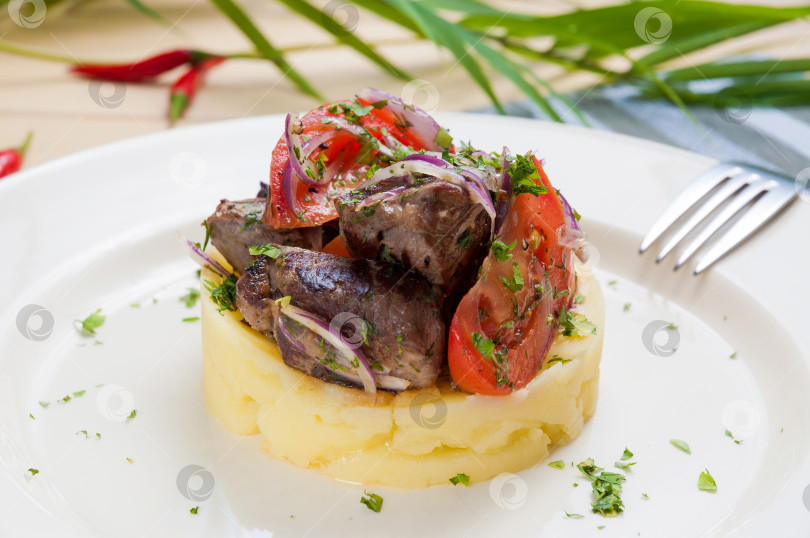 Скачать говядина с луком, помидорами и картофельным пюре фотосток Ozero