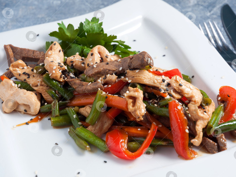Скачать Острое азиатское блюдо терияки с говядиной курицей перцем и фасолью фотосток Ozero