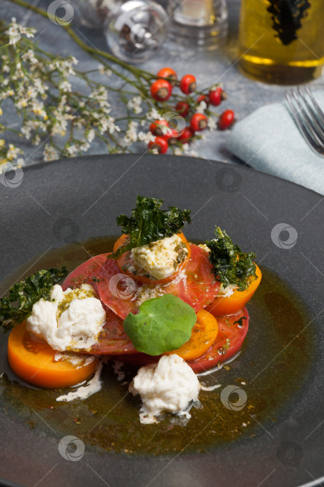Скачать салат с помидорами, морской капустой и козьим сыром фотосток Ozero