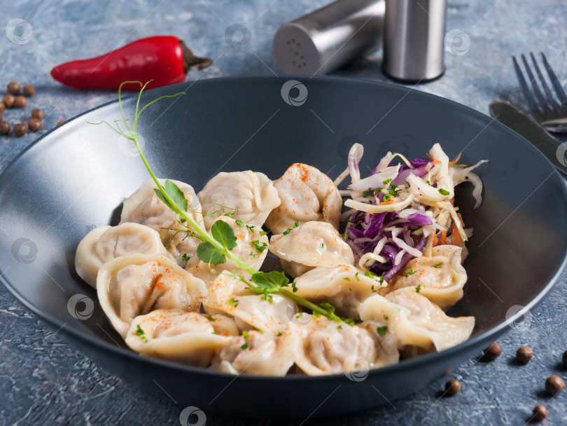 Скачать классические русские вареники с мясом и подгарнировкой из овощного салата в темной тарелке фотосток Ozero