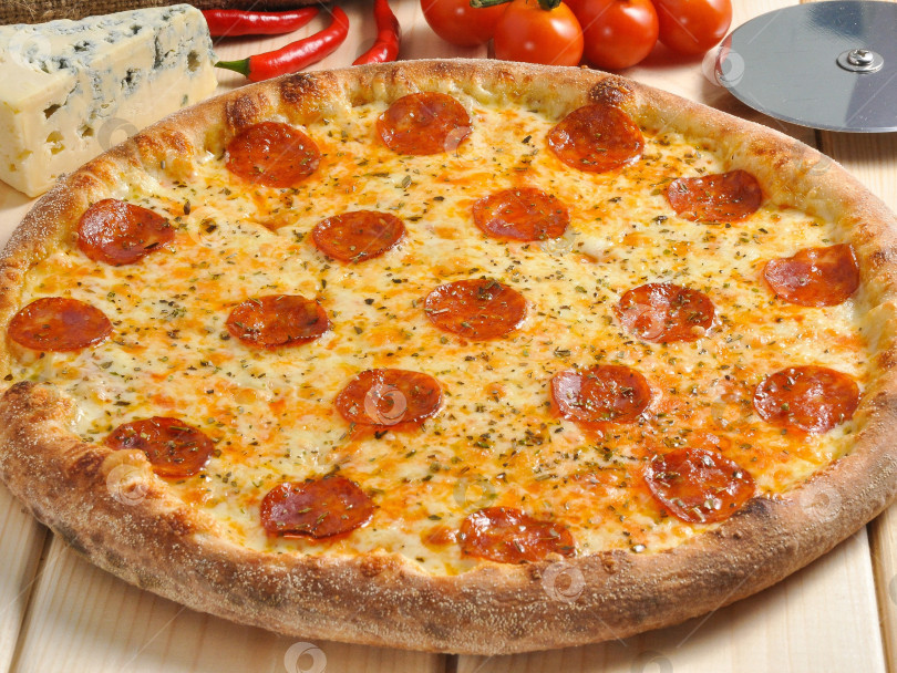 Скачать пикантная пицца с чоризо и сыром с плесенью фотосток Ozero