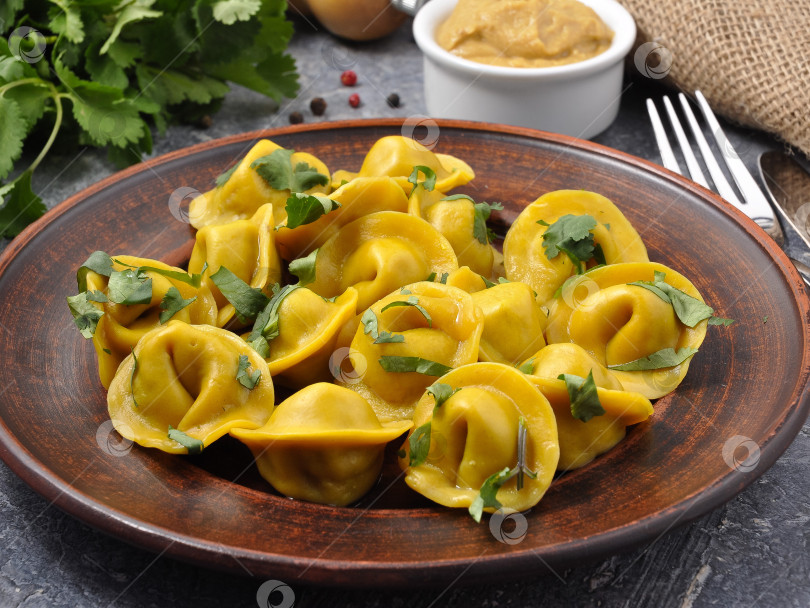Скачать вкусные русские пельмени с горчичным соусом фотосток Ozero