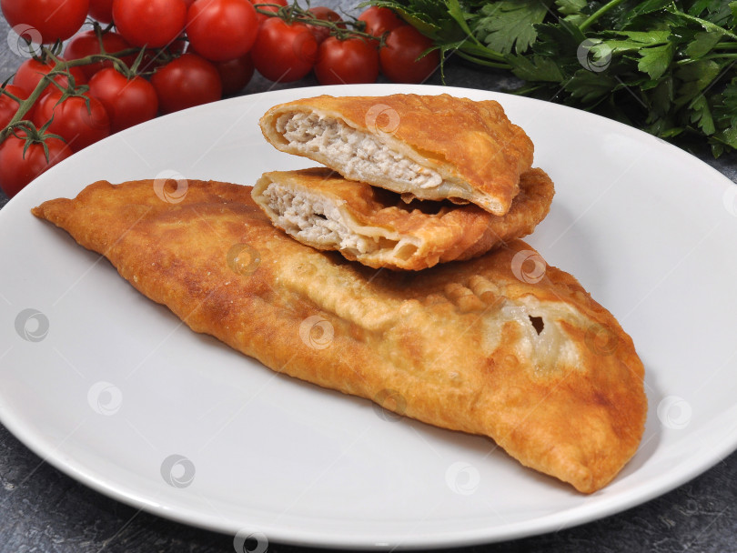 Скачать чебурек с курицей на белой тарелке, украшенный овощами фотосток Ozero