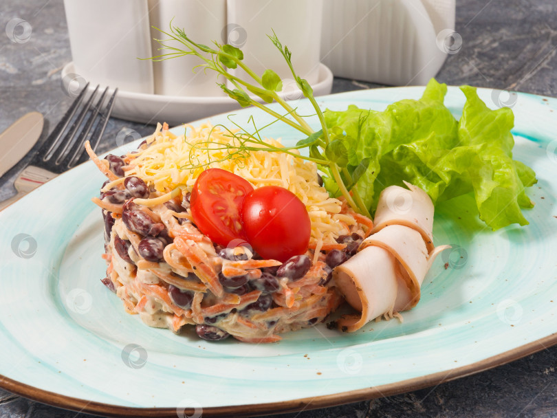 Скачать салат с курицей, фасолью, морковью и сыром фотосток Ozero