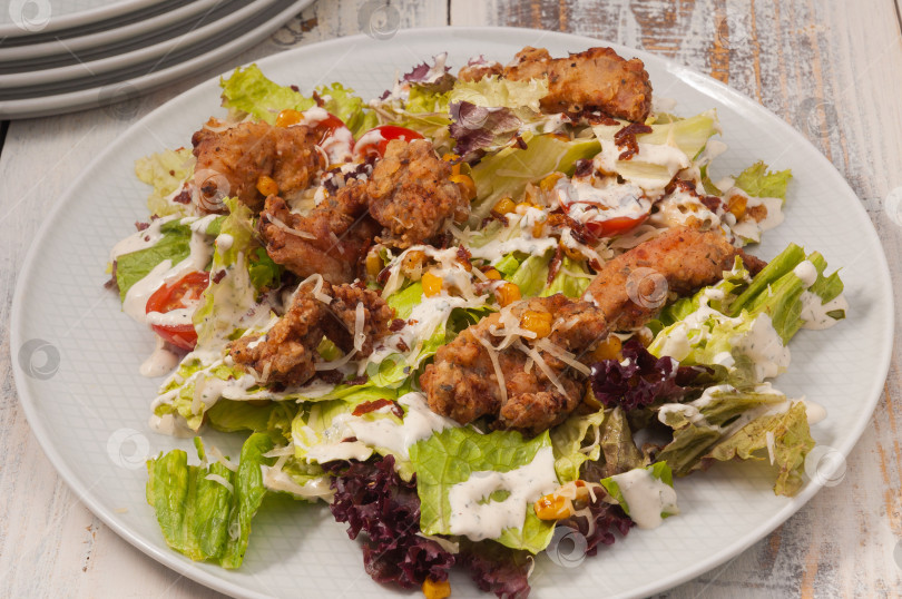Скачать салат с курицей, обжаренной во фритюре, зеленью, кукурузой и помидорами фотосток Ozero