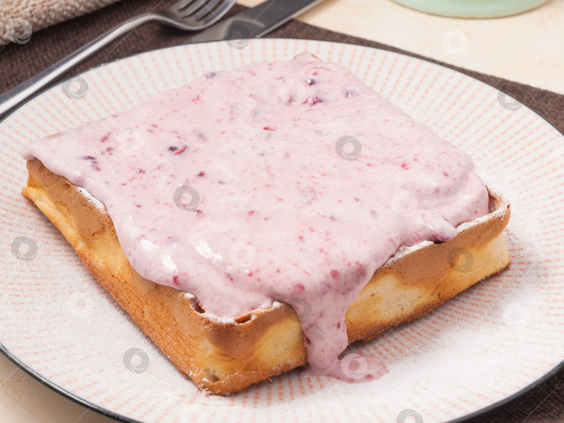 Скачать Бельгийские вафли с джемом и сметаной фотосток Ozero