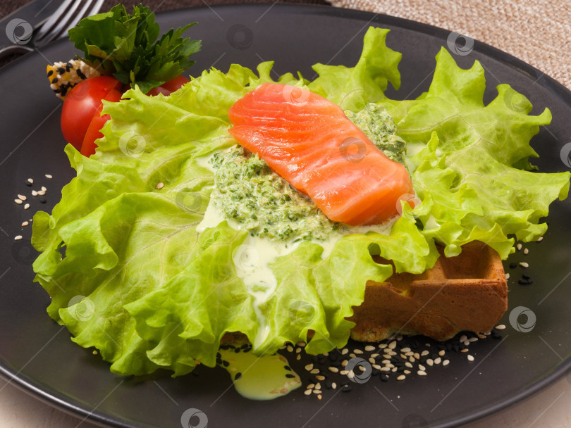 Скачать вкусные бельгийские вафли с лососем и шпинатным соусом фотосток Ozero