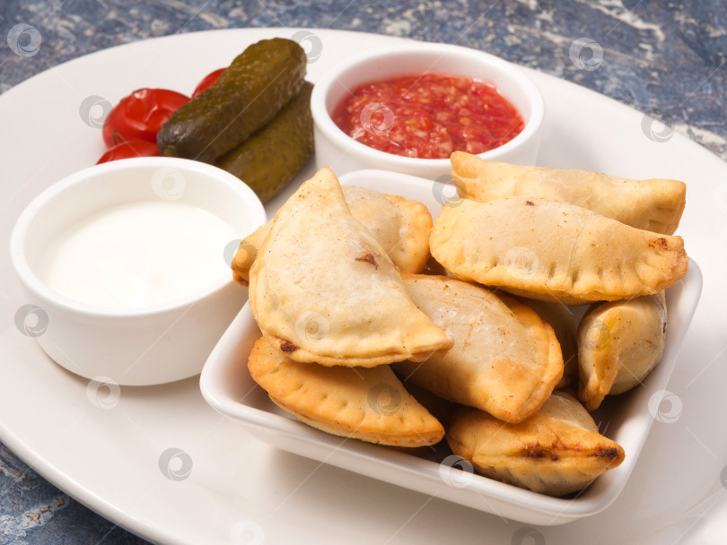 Скачать Русские пирожки с мясом, посикунчики с закуской из помидоров, хрена и сметаны фотосток Ozero
