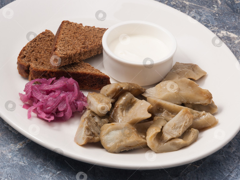 Скачать соленые грибы с ржаным хлебом, сметаной и красным луком фотосток Ozero