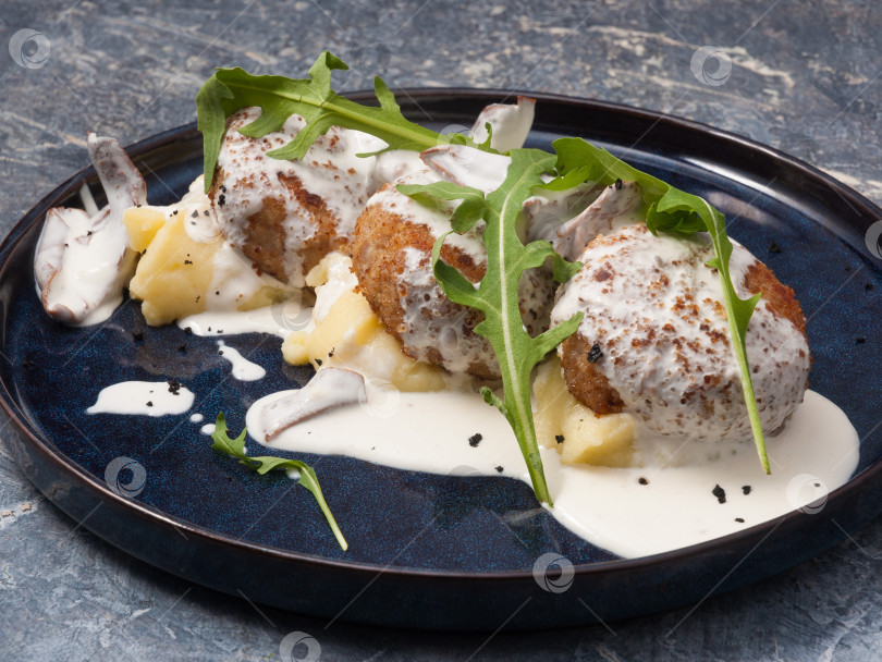 Скачать мясные или куриные котлеты с картофельным пюре и грибным соусом фотосток Ozero