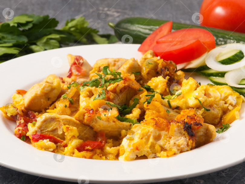 Скачать яичный омлет с курицей, украшенный зеленью, на белой тарелке фотосток Ozero