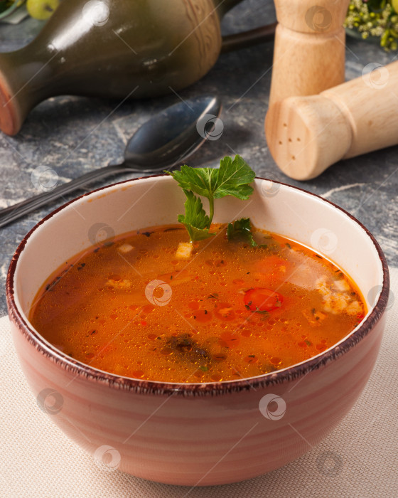 Скачать суп с мясом и овощами, украшенный зеленью петрушки, в тарелке фотосток Ozero