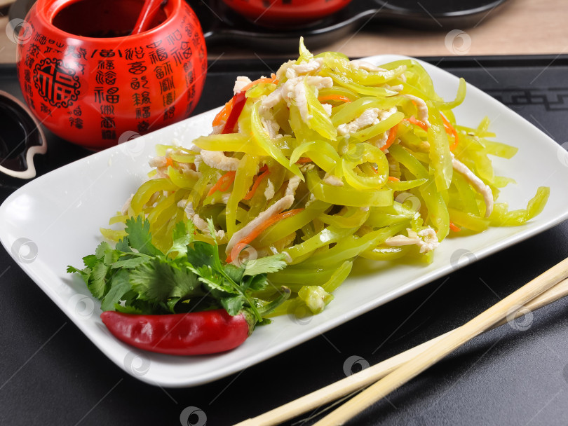 Скачать Салат из китайского болгарского перца с курицей на белой тарелке фотосток Ozero