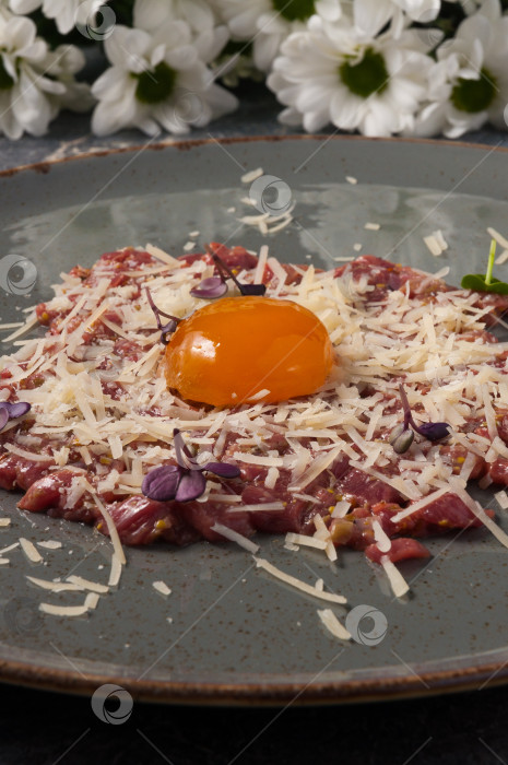 Скачать вкусный тартар из говядины с пармезаном. Вертикальная рамка фотосток Ozero