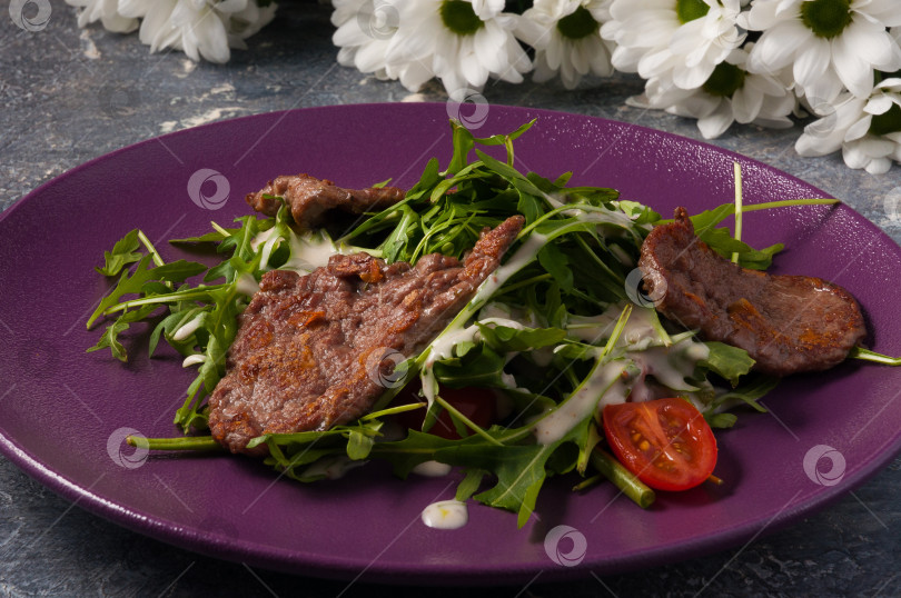 Скачать салат из жареной говядины, рукколы и соуса. Горизонтальная рамка фотосток Ozero