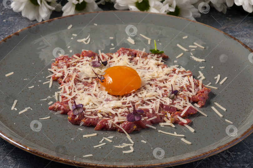 Скачать вкусный тартар из говядины с пармезаном. Горизонтальная рамка фотосток Ozero