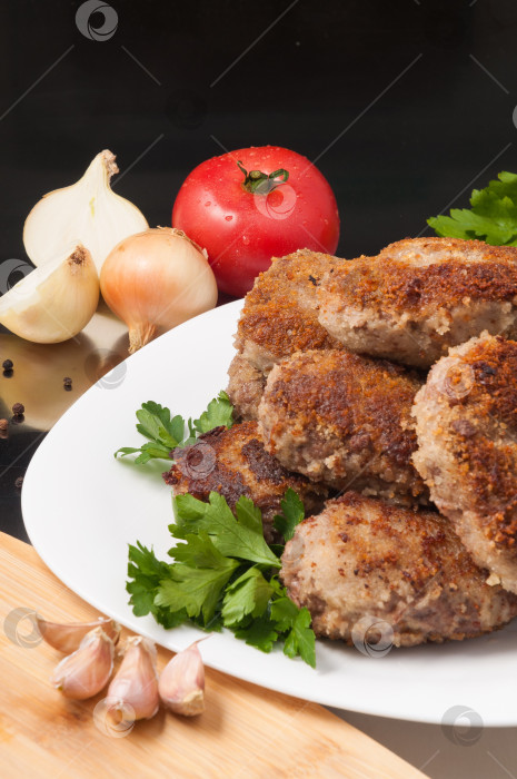 Скачать обжаренные мясные котлеты, украшенные овощами и зеленью фотосток Ozero