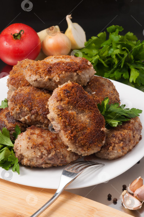 Скачать обжаренные мясные котлеты, украшенные овощами и зеленью фотосток Ozero