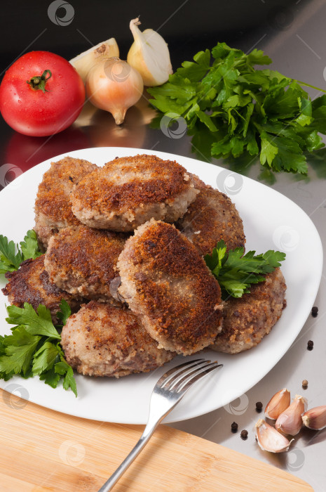 Скачать обжаренные мясные котлеты, украшенные овощами и зеленью фотосток Ozero