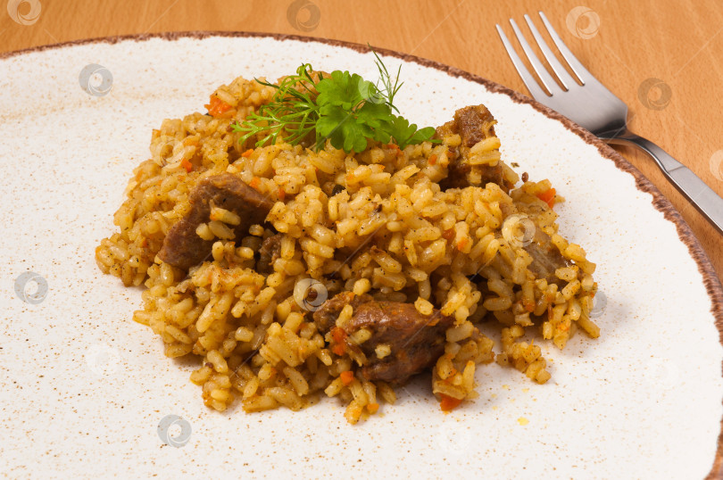 Скачать плов с мясом на легкой тарелке. закрыть фотосток Ozero