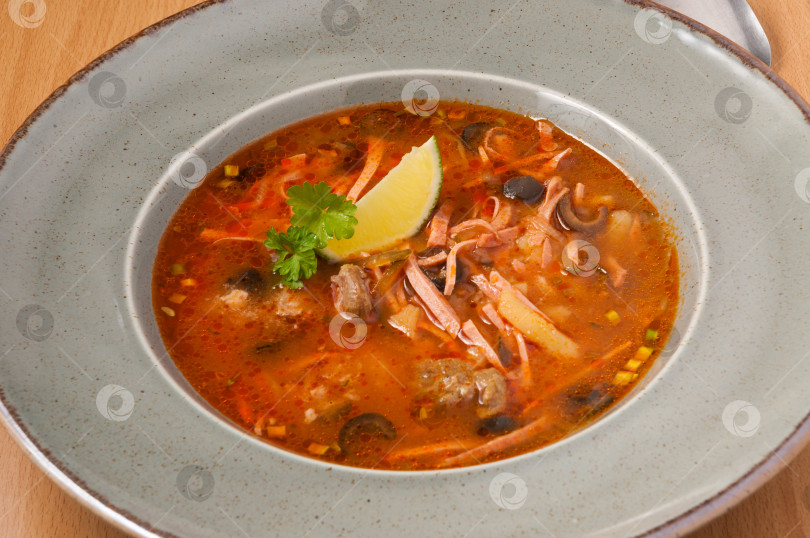 Скачать Суп-солянка из нескольких видов мяса. крупный план фотосток Ozero
