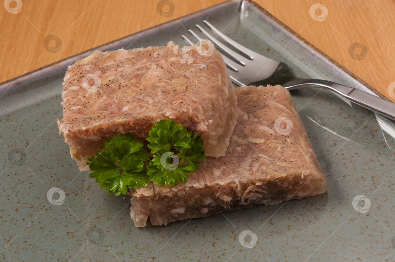 Скачать мясное желе, украшенное зеленью, выложите на тарелку. закрыть фотосток Ozero