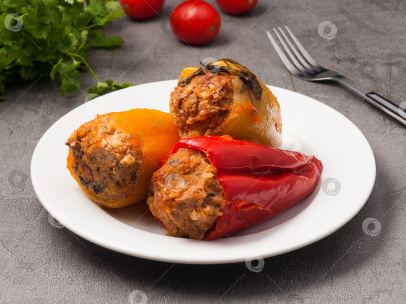 Скачать перцы, фаршированные мясом и рисом, на белой тарелке на сером фоне фотосток Ozero