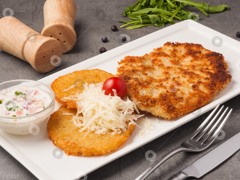 Скачать картофельные оладьи с куриным филе в панировке и сыром фотосток Ozero