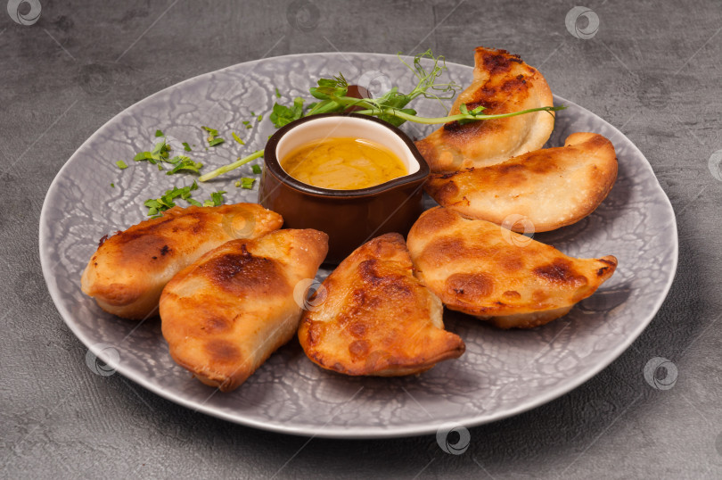 Скачать маленькие пирожки с мясом и горчичным соусом фотосток Ozero