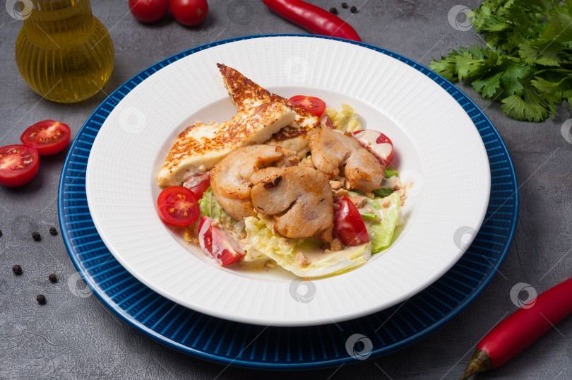 Скачать салат с курицей, свежими овощами и сыром-гриль фотосток Ozero