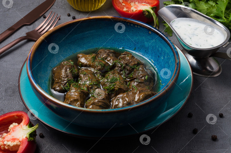 Скачать долма с мясом в виноградных листьях и соусом на основе кефира фотосток Ozero
