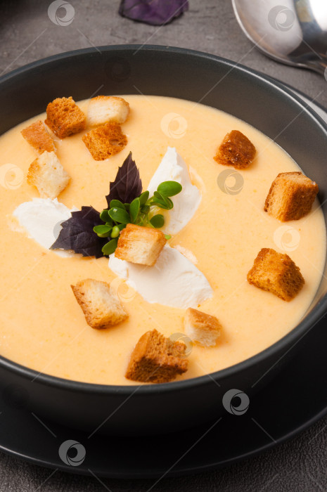 Скачать сырный суп с гренками и сливочным сыром, украшенный базиликом фотосток Ozero