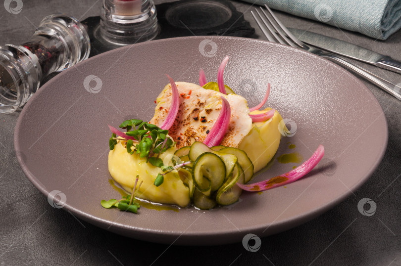 Скачать обжаренное куриное филе с картофельным пюре, луком и битыми огурцами фотосток Ozero