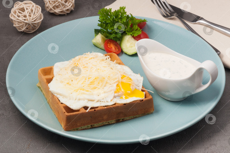 Скачать вафли из шпината с яйцом-пашот, сыром и соусом фотосток Ozero