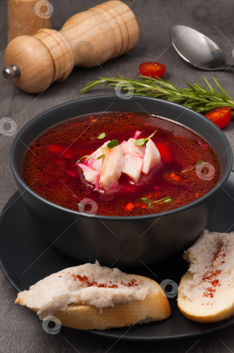 Скачать борщ с курицей с хлебом и беконом. традиционная русская и украинская кухня фотосток Ozero