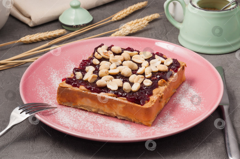 Скачать вафли с джемом и арахисовым маслом, украшенные арахисом фотосток Ozero