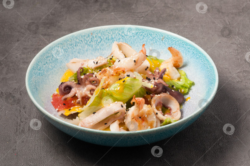 Скачать салат с кальмарами, осьминогом, креветками и овощами фотосток Ozero