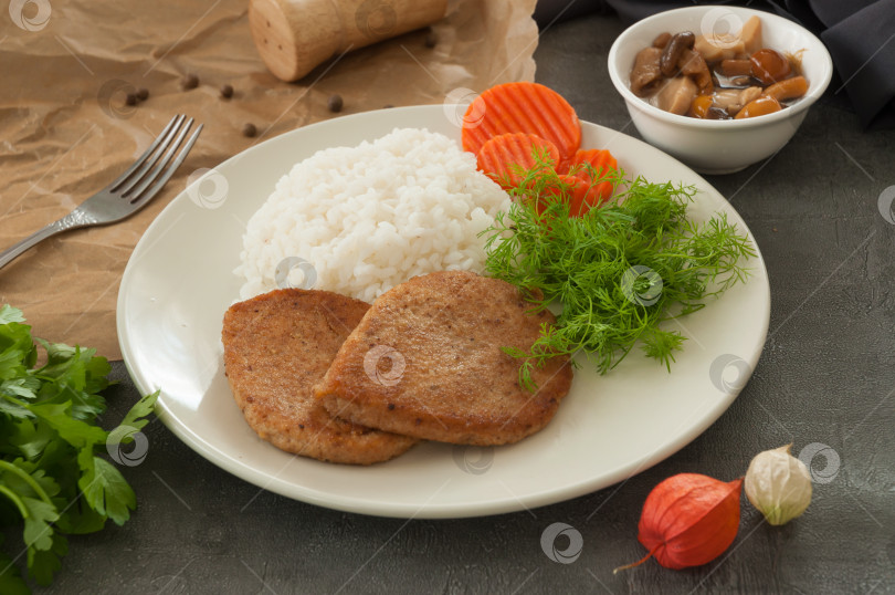 Скачать рыбные котлеты с рисом, морковью, укропом и грибами фотосток Ozero