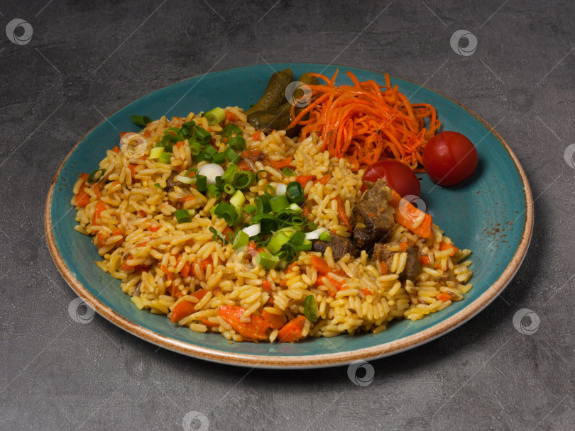 Скачать плов с говядиной, огурцами, помидорами и зеленым луком фотосток Ozero