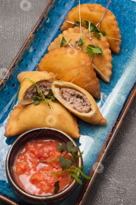 Скачать ПОСИКУНЧИКИ - маленькие пирожки с мясной начинкой, с томатным соусом. Крупный план. фотосток Ozero